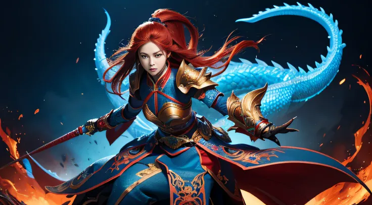 asia woman, The appearance of general friction, redhair, long tied hair, Complex armor of the dragon of blue color,Fiery background, Blue Chinese Dragon Behind、Combat stance、Running、