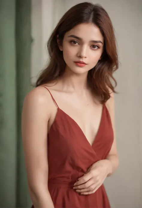 (((a deep reddish wound crosses her left cheek))) full body shot, fair complexion, woman around 19 years old, name Alia Bhatt, natural ginger hair, messy hair, distinctive green eyes, wearing summer dress, no bra, slender and graceful, beautiful, slightly ...