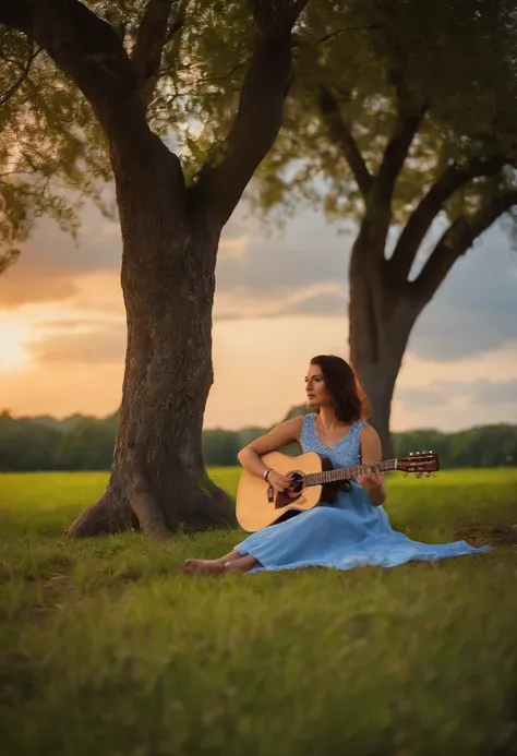 Young Woman sat under tree playing guitar