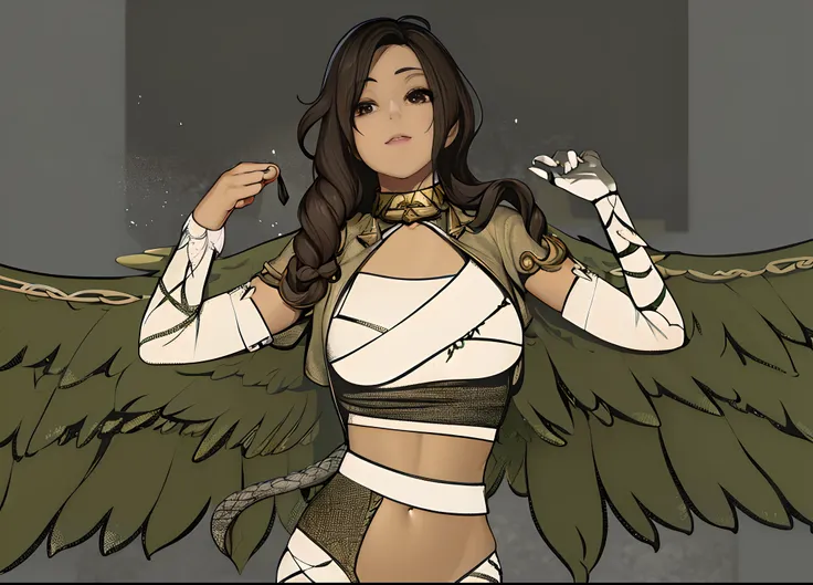 Theres a woman with wings on her back, humano alado, as a mystical valkyrie, com faixas como roupas, fan art, alado, novo conceito de figurino, avian warrior