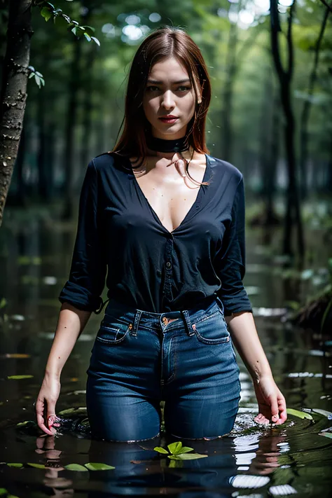 (Hyperrealistic photo, Ultra Detailed, Raw, tmasterpiece, Dynamic frame), Strange photo, the night,Forest swamp.(Darkness around.Flash-only lighting when taking photos:1.4).The woman, Tormented by lust, recklessly (drowning in a swamp:1.2). In the middle o...