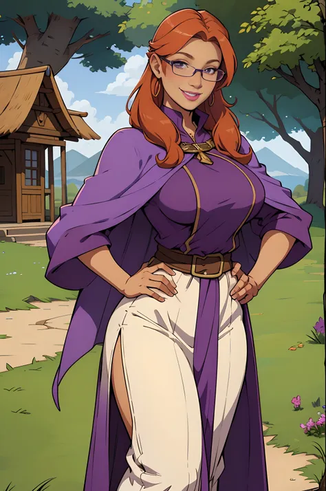 Solo, female, standing, looking at viewer, tan skin, fantasy village, linen tunic, purple cloak, purple lipstick, big breasts, smiling, cleric, hands on hips, mature female, glasses, ginger hair