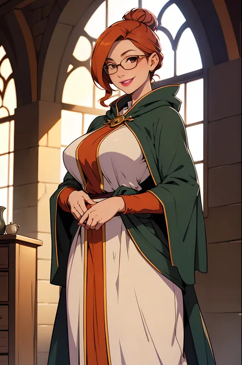 Solo, female, standing, looking at viewer, tan skin, fantasy village, linen tunic, purple cloak, orange lipstick, big breasts, smiling, cleric, hands behind back, mature female, glasses, ginger hair