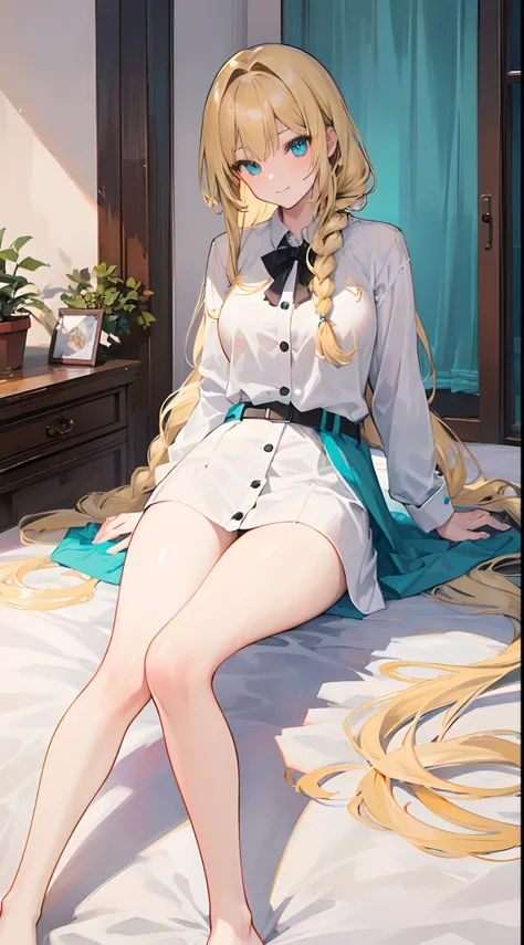 18-year-old blonde, Turquoise eyes, long-haired,Braid left and right, Wear a long white shirt......button up., Wear black stockings........, Show off your legs...Sitting on the bed...With a slightly smiling face.........