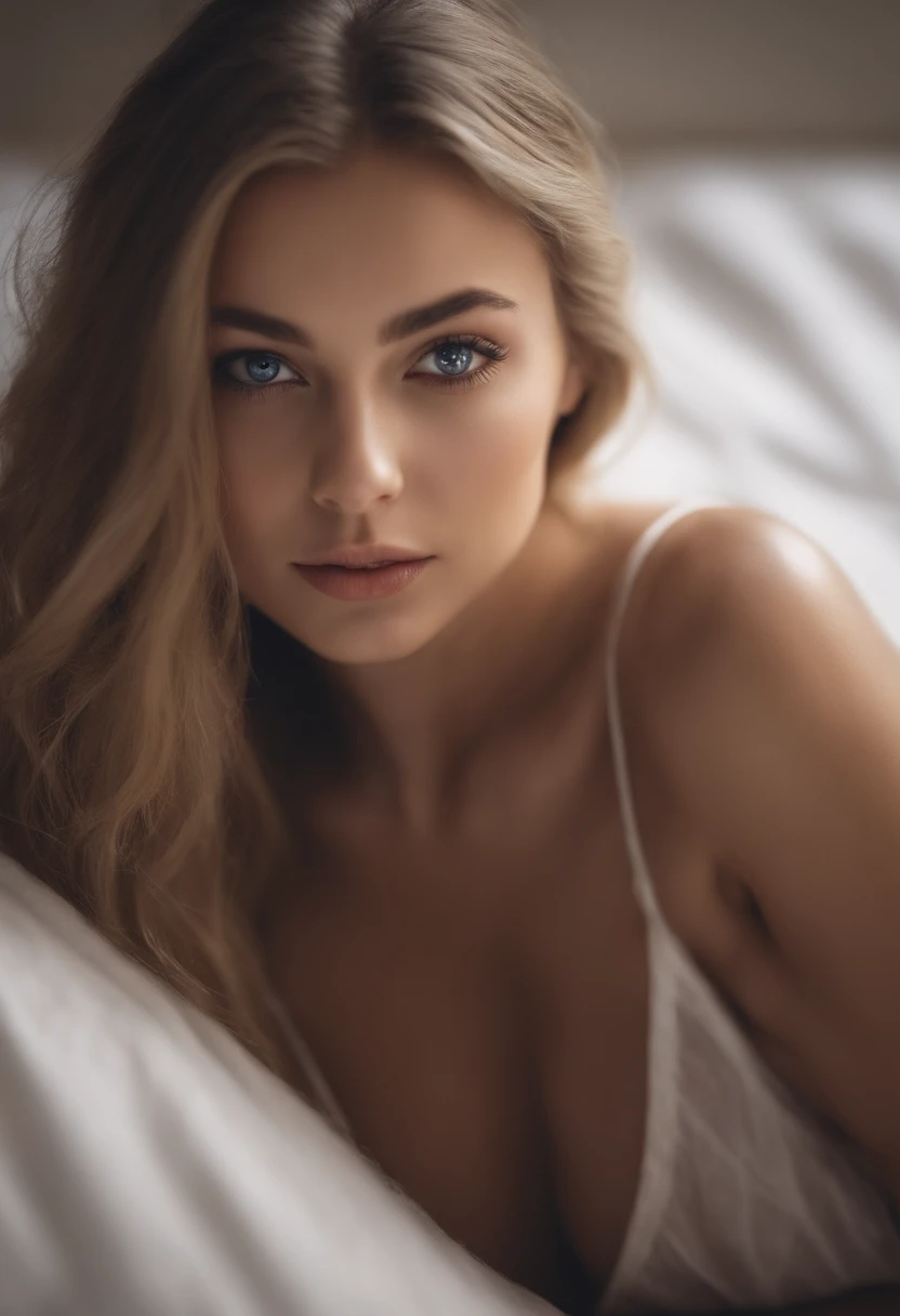 Arafed woman completely , fille sexy aux yeux bleus, ultra realist, Meticulously detailed, Portrait Sophie Mudd, cheveux blonds et grands yeux, selfie of a young woman, Yeux de chambre, Violet Myers, sans maquillage, maquillage naturel, looking straight at...