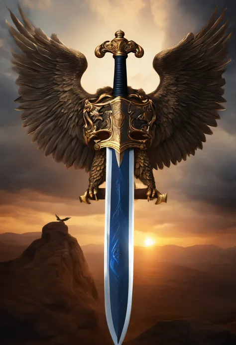 The sword glows blue, there is a shield behind the sword, engraved with 2 eagles and lions on the shield, long sword, metal sword handle, luxurious