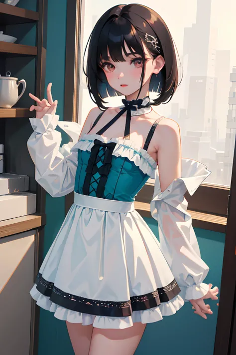 （​masterpiece，Highest Quality），(child)，a miniskirt，Turquoise Lolita Clothing，(A dark-haired，Medium bob)，embarrassed from，Delicate body，petite body，Shoulder