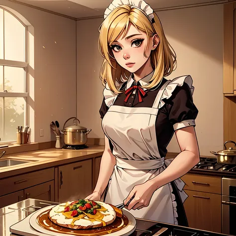 a young adult women, blond long_hime_cut_hairstyle, hazel eyes, maid attire., cooking food, mansion kitchen, 4k, hd, detailed, m...