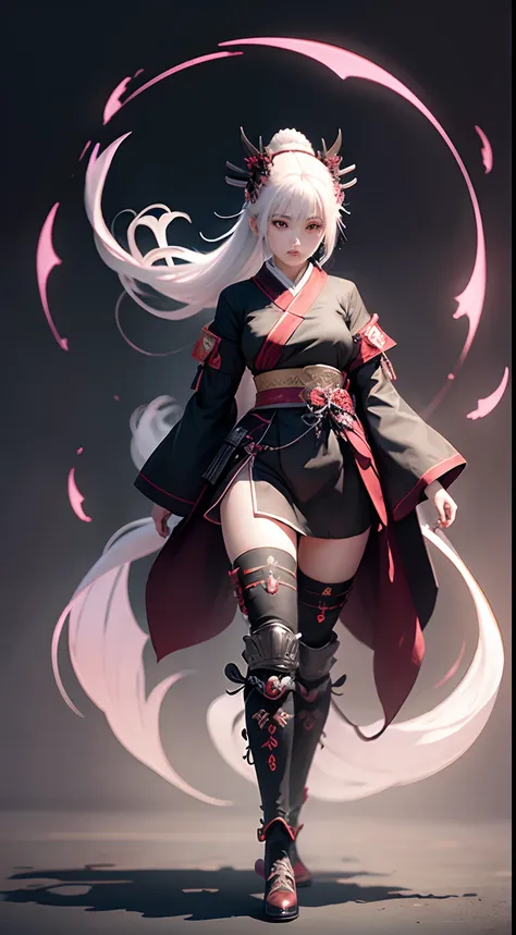 Ghost woman anime character wearing samurai outfit wearing boots, full body