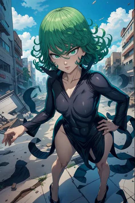 Tatsumaki from one punch man, short green hair, green eyes, Small chest, wearing fitting V-neck black dress, heels, full body view, smiling, standing in a destroyed city, dynamic pose, dynamic view,