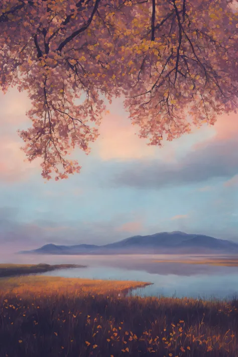 masterpiece, best quality, high quality,extremely detailed CG unity 8k wallpaper, A tranquil and peaceful scene, featuring a serene lake nestled among rolling hills and surrounded by a verdant forest, with a misty morning fog that adds an air of mystery an...