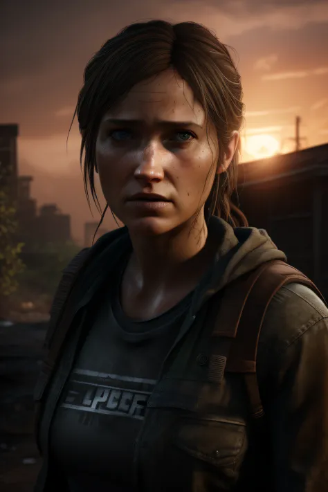 hyper photorealistic, sweet woman，(36 years), (face of Ellie from "Last of us Two"), expression enjoyment, apocalyptic environment, spot lighting, Sunset, detailed hair, little smile, fine facial traits, Slim physique, Volumetric s DTX, (Film grain)