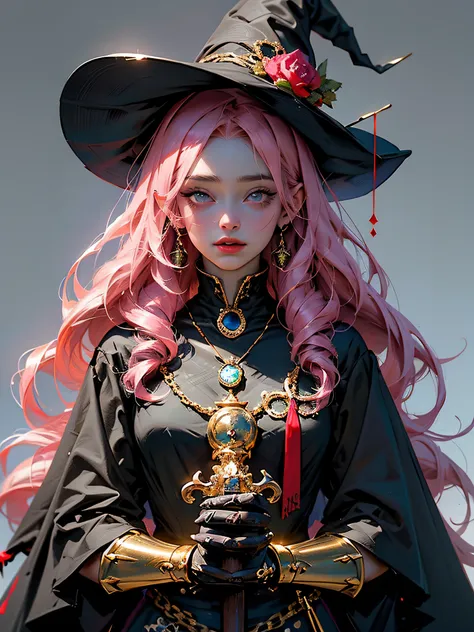 witch woman with long pink hair and a pointed hat wears black clothes, she is holding a long stick with a red crystal on the spo...