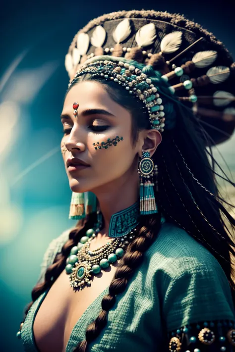 (full portrait), (half shot), solo, detailed background, detailed face, (stonepunkAI, stone theme:1.1), wise, (female), (native american), (beautiful hair, braids:0.2), shaman, septum piercing, mystical, (gorgeous face), stunning, head tilted towards sky, ...