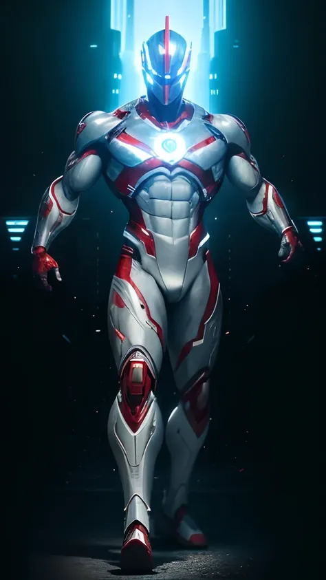 Ultraman, Red&white suit, shining eyes, Perfect body, Sixpack, triceps, biceps, perfect muscle, standing, Cybernetic, Humanoid, Cinematic, Amazing, masterpiece, Highly quality, Extremely detailed, Realistic, 8k resolution,