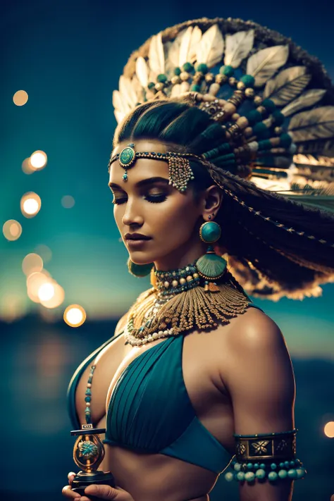 (full portrait), (half shot), solo, detailed background, detailed face, (stonepunkAI, stone theme:1.1), wise, (female), (native american), (beautiful hair, braids:0.2), shaman, septum piercing, mystical, (gorgeous face), stunning, head tilted towards sky, ...