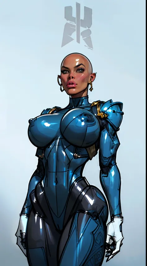 8k ((full body view))((view from below:1.5)),(large eyes:1.3), defined cheekbones, looking back, ((the pit style:1.4))((sleek dark blue bodysuit:1.6)) ((intricate metal details:1.4))detailed face:1.5), lightblue skin,(puffy lips:1.5) (lightblue skin:1.6), ...