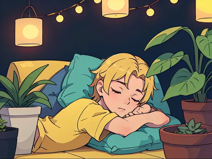 Young handsome blond man sleeping on crossed arms in front, lying on the floor, Yellow color predominates, warm lighting, Small potted plants, facing the viewer, closeup face