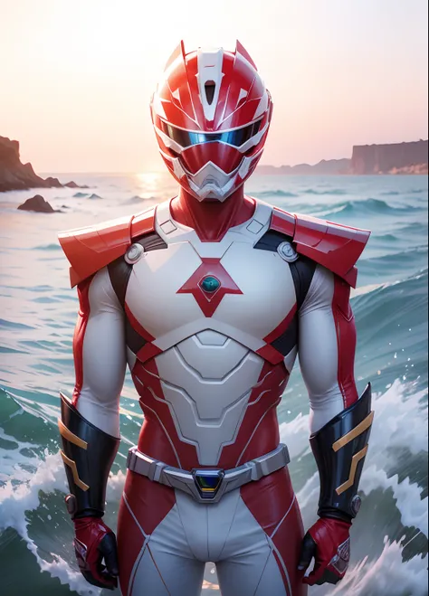 A guy with Amazing suit, Power rangers, standing on the beach, Wave, sunset vibes, Water effect, Red&white suit, cool helmet, Amazing, Power Rangers, best quality, 8k resolution, realistic,