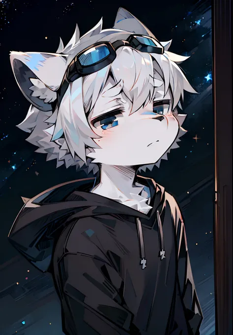 Beast too，White-gray hair，Black goggles，sideface，head portrait，Dark blue-gray fur，Deep blue-black eyes，Melancholy Look，Dark blue design sweatshirt，Background of dark starry sky，big headed，Alone，Shota，The bangs are dyed dark gray，Black ears，