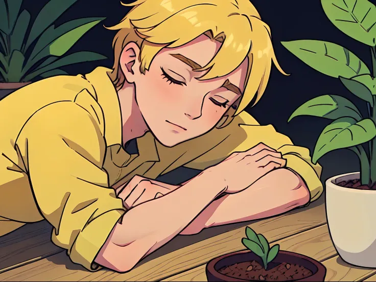 Young handsome blond man sleeping on crossed arms in front, lying on the floor, Yellow color predominates, warm lighting, Small potted plants, facing the viewer, closeup face