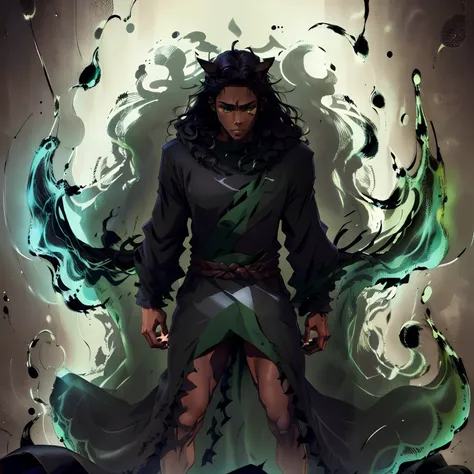 (black spikey long hair), (dark skinned male),  (cat ears), (green eyes), (black robes), (long hair), (spikey hair)