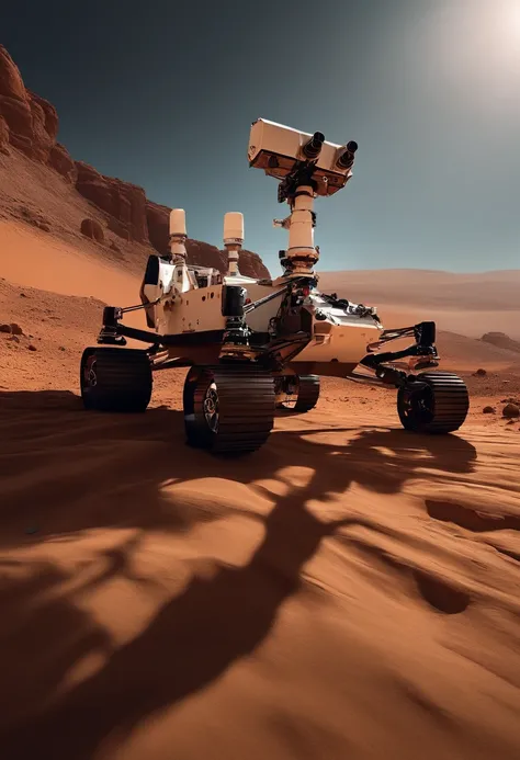 Realistic 4k movie of the planet Mars，Un rover blanc au loin