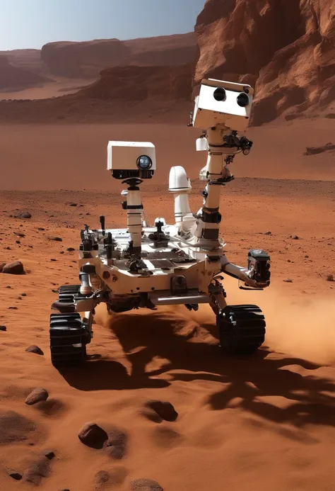 Realistic 4k movie of the planet Mars，Un rover blanc au loin