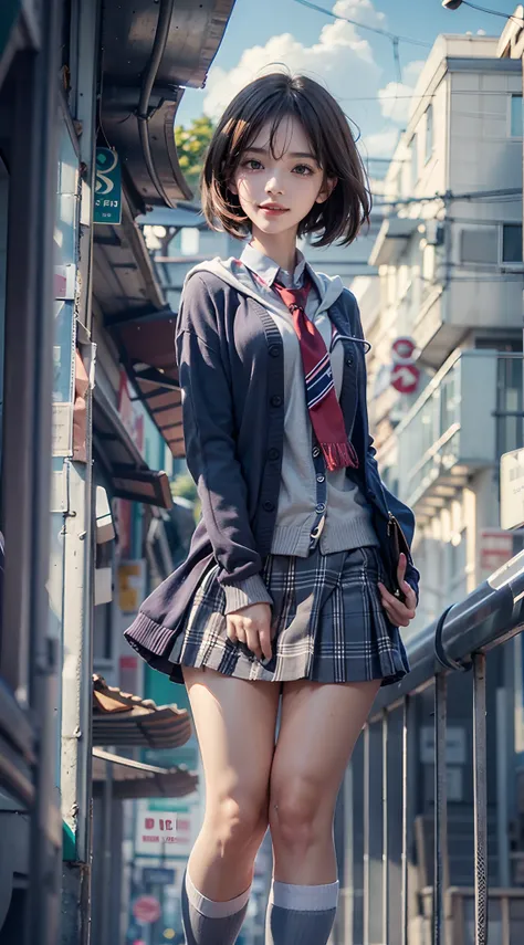 shool uniform, Cardigan, a miniskirt, Modern old cityscape,  (The FW), 1womanl, Solo, 24 year old, 7headed body, (cute  face), (Ideal ratio body proportions), (Composition from head to thigh), Smiling smile, erectile nipple, Sexy body, Wet, short-hair, Dar...