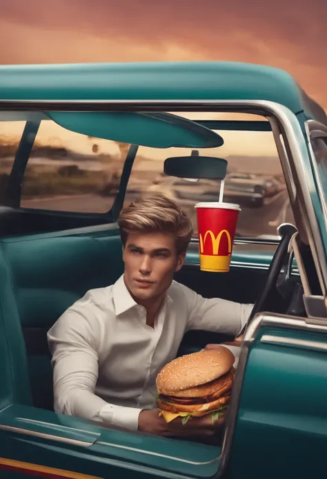 Personnage masculin dans voiture entrain de manger mc donalds