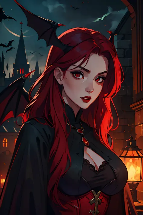 (best quality, highres, realistic:1.2), beautiful detailed red hair, attractive and detailed eyes, detailed red lips, alluring vampire woman, elegant and medieval clothes, revealing outfit, impressive bat wings, cityscape at night, spooky atmosphere, large...