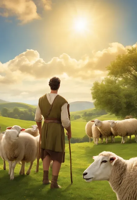 Por favor, create an animation that depicts David as a young shepherd in a pastoral setting. He must be surrounded by sheep and holding a sling in his hands. The scenery should include green hills and a clear blue sky with white clouds. Animation should ca...