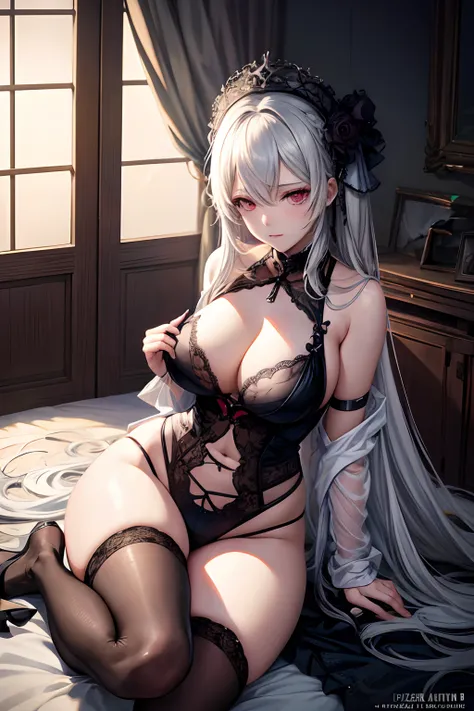 Anime - Stilbild einer Frau in Dessous, die auf einem Bett sitzt, seductive anime girl, von Girls Frontline, Feine Details. girls frontline, Guweiz auf ArtStation Pixiv, Guweiz auf Pixiv ArtStation, beautiful alluring anime woman, Extrem detaillierter Artg...