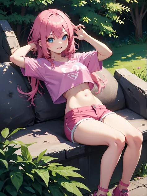 Girl with pink hair, blue eyes, big smile, pink crop top, pink shorts, living in a forest