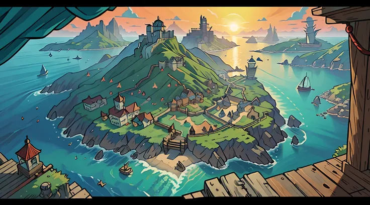 masterpiece, islands, pirate islands, city of sea, sea realm, pirate city, pirate realm, realm of the sea, highly detailed ,city showcase, birds-eye view, red water reflection, many lands, many islands