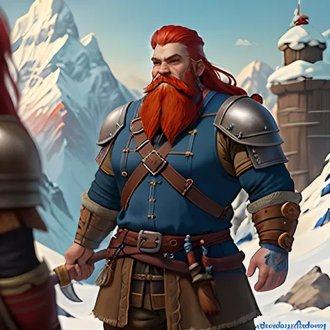 rpg dwarf, engineer, bronze hammer, 147 years old, long beard, blue tattoos, red hair, from the mountains