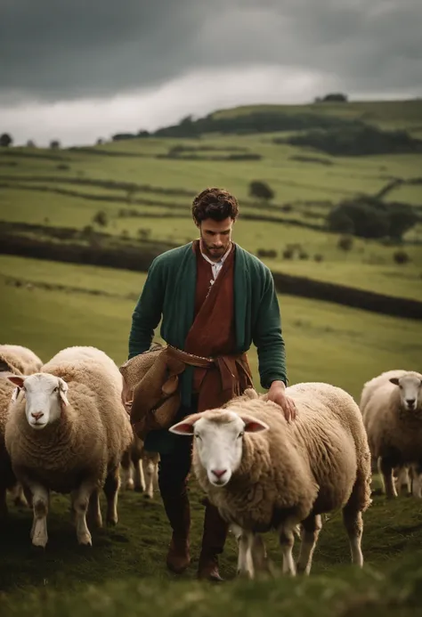 crie uma imagem que retrate davi, um jovem pastor em um ambiente pastoral, Surrounded by sheep and holding a sling in his hands, a imagem deve capturar a simplicidade e a serenidade da vida no campo