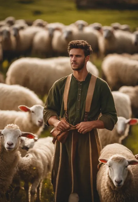 crie uma imagem que retrate davi, um jovem pastor em um ambiente pastoral, Surrounded by sheep and holding a sling in his hands, a imagem deve capturar a simplicidade e a serenidade da vida no campo