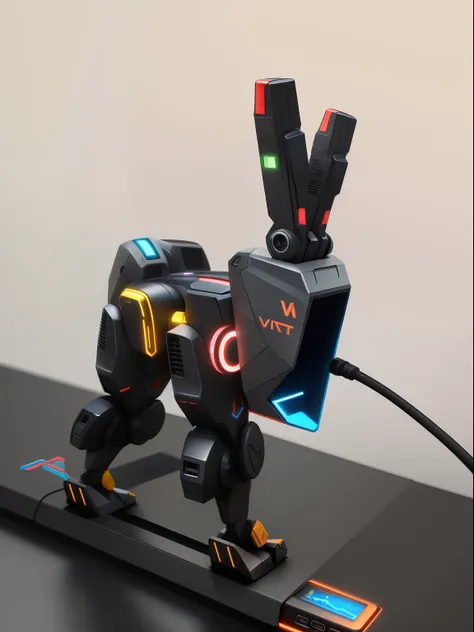 There is a small toy rabbit that is connected to a charger, Parte inferior - vista, bottom angle, Bottom view, satisfying cable management, voltar - ver, Top view, vista frontal, Gerenciamento de fios, Detalhes adicionais, Portal Gun, Montado, close - up v...