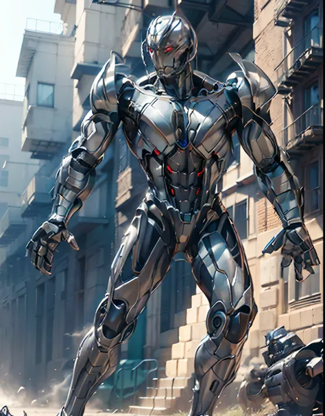 masterpiece, high quality images, high detailed images, a realistic drawing of a reflective steel robot, ultron!! mecha inspirad...