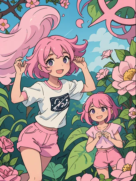 Menina com cabelo cor-de-rosa, olhos azuis, grande sorriso, top de corte rosa, pink shorts, vivendo em uma floresta