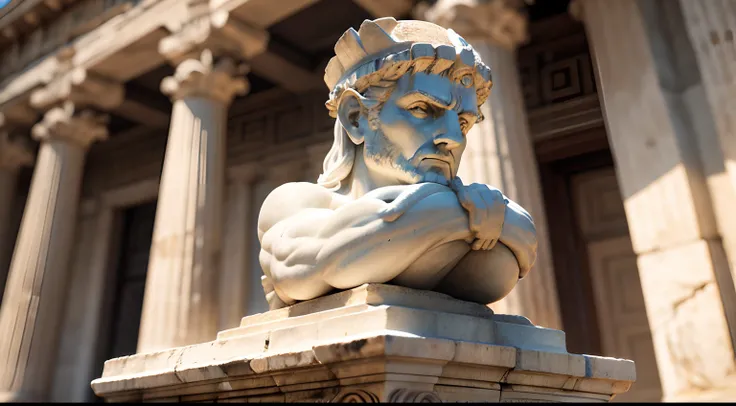 Ancient greek statue with angry expression, ambiente escuro, ao ceu aberto, 35 mm, lateralmente, extremamente detalhado, Colors with low saturation with dark tone, Filmado em Sony A7S III com Sony FE 35mm f/1.8, 12.1 MP, --AR 3:2 --estilo cru