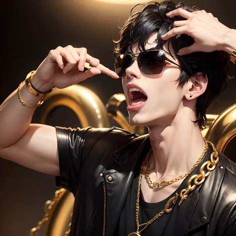 A freaky boy screaming side view, black hair, golden sunglasses, golden chain , golden rings