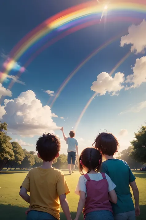 Four children, dois meninos e duas meninas, Brincando no Parque, Looking and pointing at a magical rainbow in the sky, Estilo Pixar