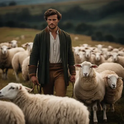 crie uma imagem que retrate davi, um jovem pastor em um ambiente pastoral, Surrounded by sheep and holding a sling in his hands, a imagem deve capturar a simplicidade e a serenidade da vida no campo