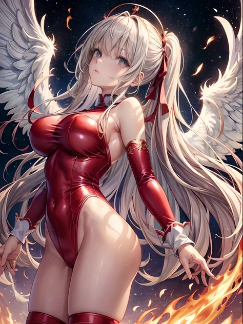 top-quality、Full limbs、complete fingers、one beautiful women、Beautiful Large Breasts、Long、straight haired、Silvery head hair、Red long sleeve leotard、((Thigh-length red high socks))、Angel white wings grow on the head and back、Black belt、Subspace、Ready to Batt...