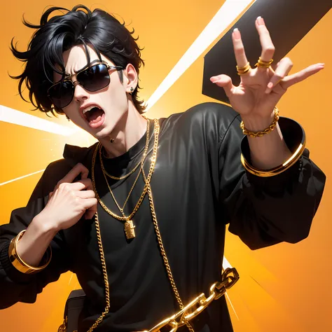 A freaky boy screaming side view, black hair, golden sunglasses, golden chain , golden rings, his hand pointing upper