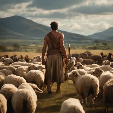 make a picture of David and Goliath, um jovem pastor em um ambiente pastoral, Cocked with sheep and holding a sling in his hands, a imagem deve capturar a simplicidade e a serenidade da vida no campo