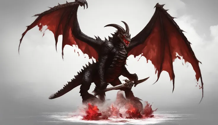 guerreiro magico de rpg, pele escura, orelhas de elfo, With a war axe in each hand, realista, super detalhado, cenario caotico de guerra, armadura preta, A black dragon in the background with red eyes