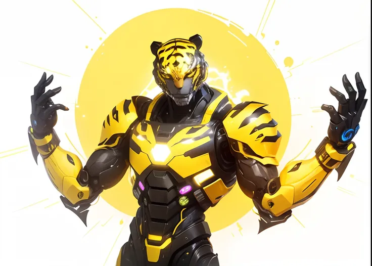 Humanoid robot, Tiger, 1 male robot, Futuristic theme, Tiger colour, lightning effect, yellow &black, Amazing, cybernetic, cinematic, best quality, extremely detailed, 8k resolution, Masterpiece, realistic